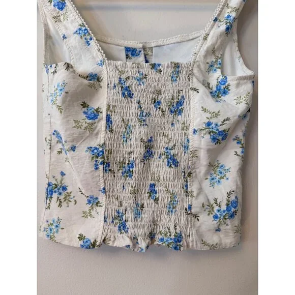 Kirious Floral Button Front Corset Tank Top Ivory Blue Green Smocked Back Size S - Picture 4 of 6